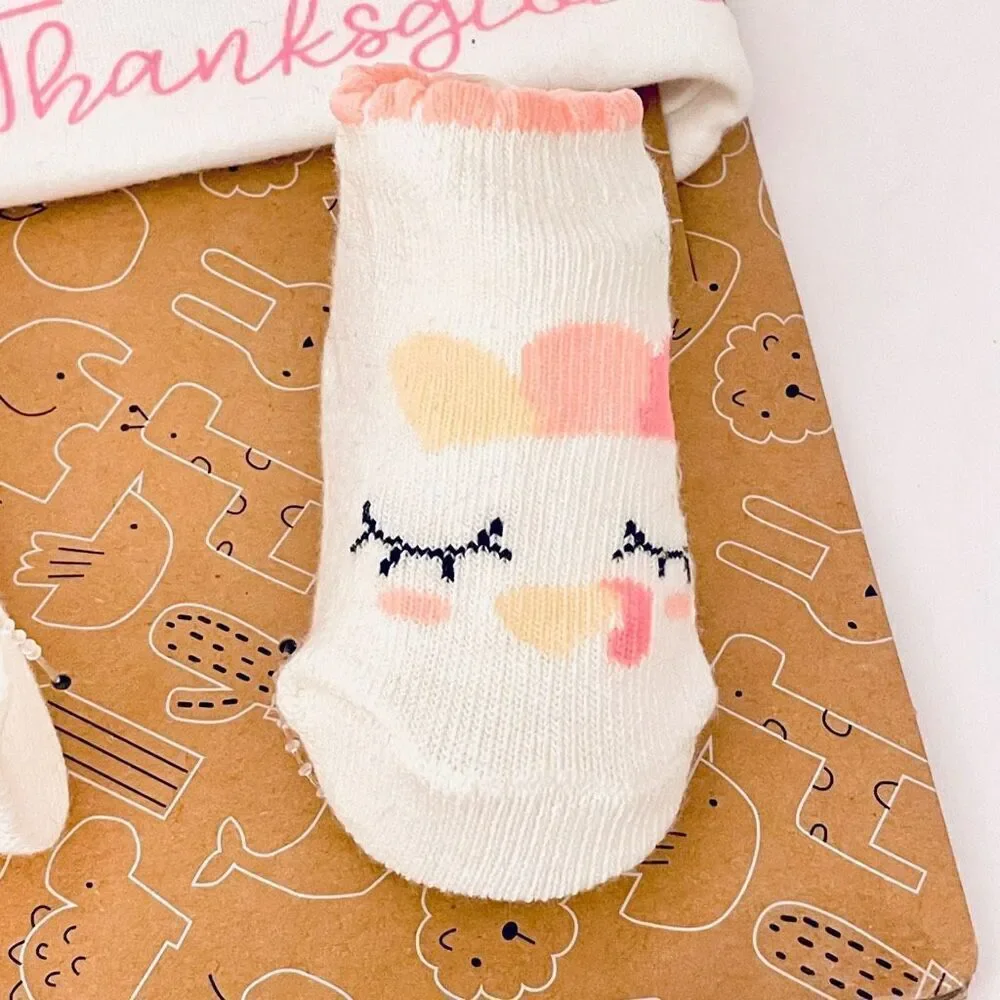 NWT 3Pc Baby Girl 0/6 months White Pink My 1st Thanksgiving ears hat & socks Set